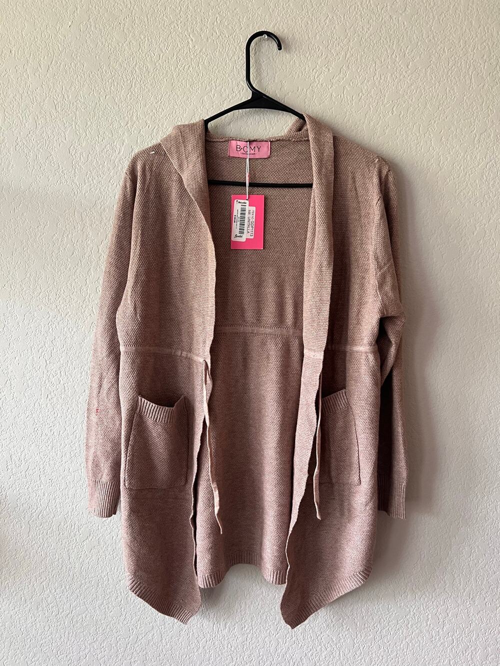 BOMY Textured Knit Hooded Cardigan Dusty Mauve Taupe Pink Longline NWT